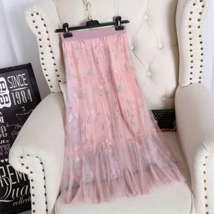 A-Line Flare Embroidery Floral High Waist Fairy-Look Mesh Skirt