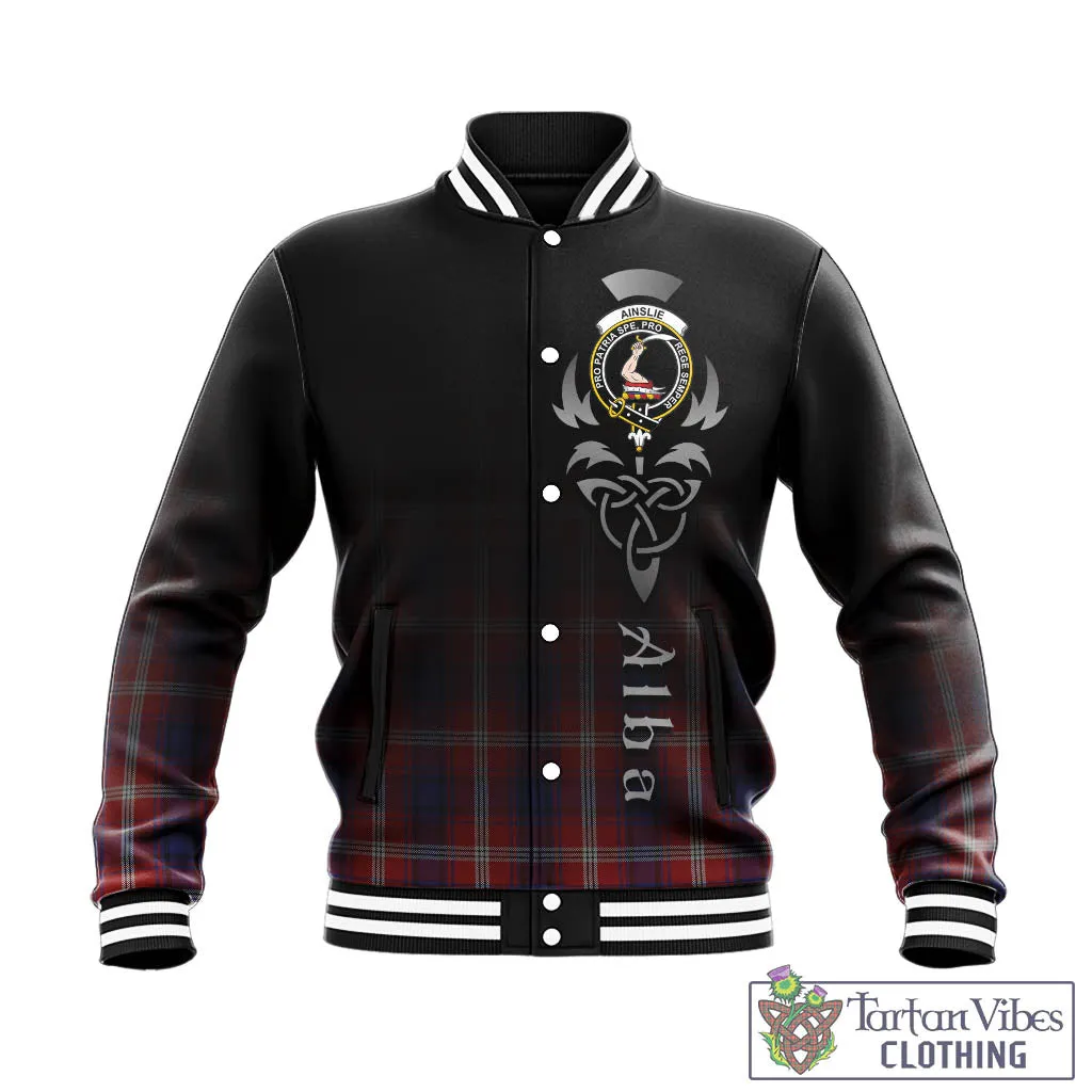 Ainslie Tartan Baseball Jacket Featuring Alba Gu Brath Family Crest Celtic Inspired
