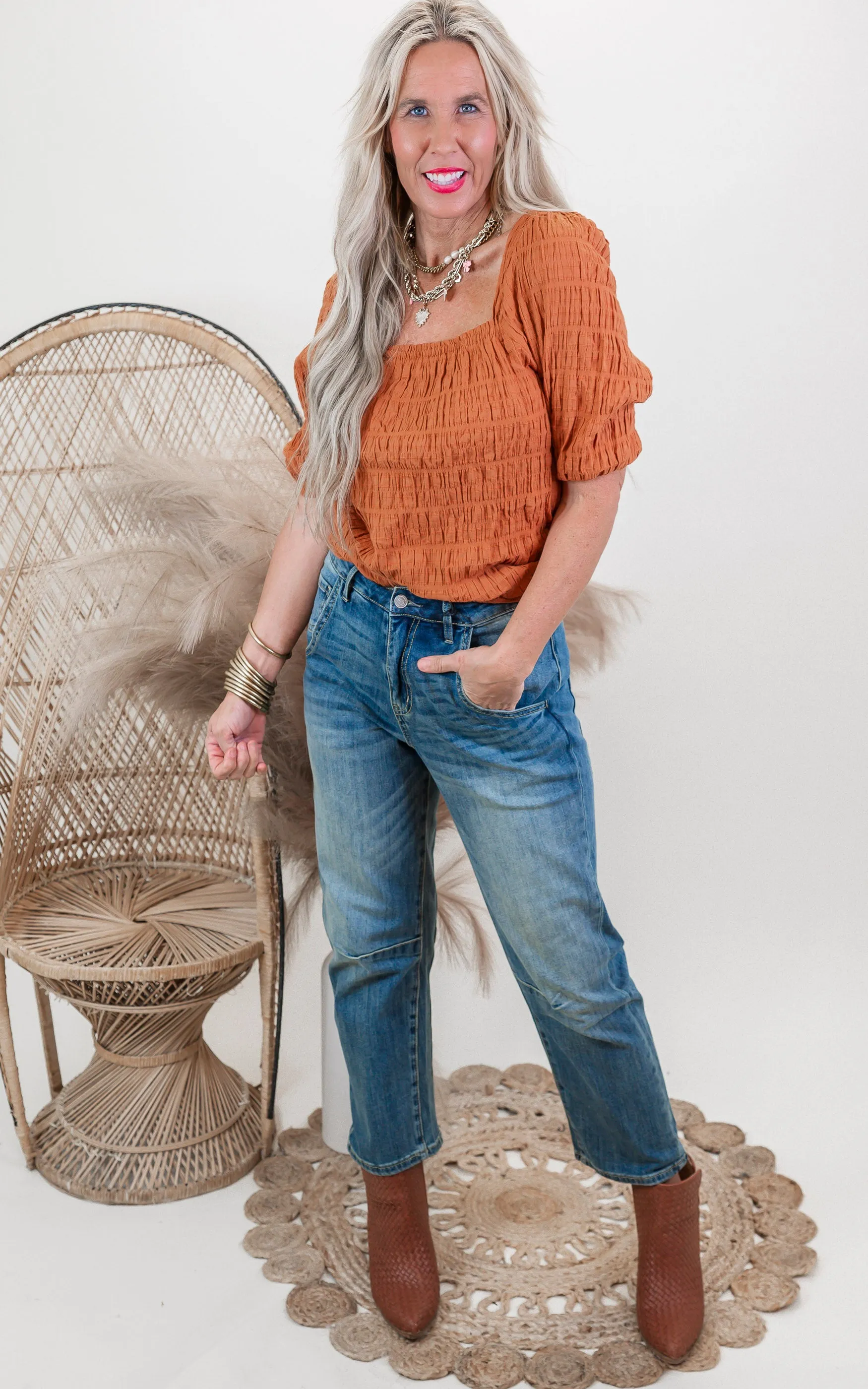 Amber Textured Balloon Sleeve Top