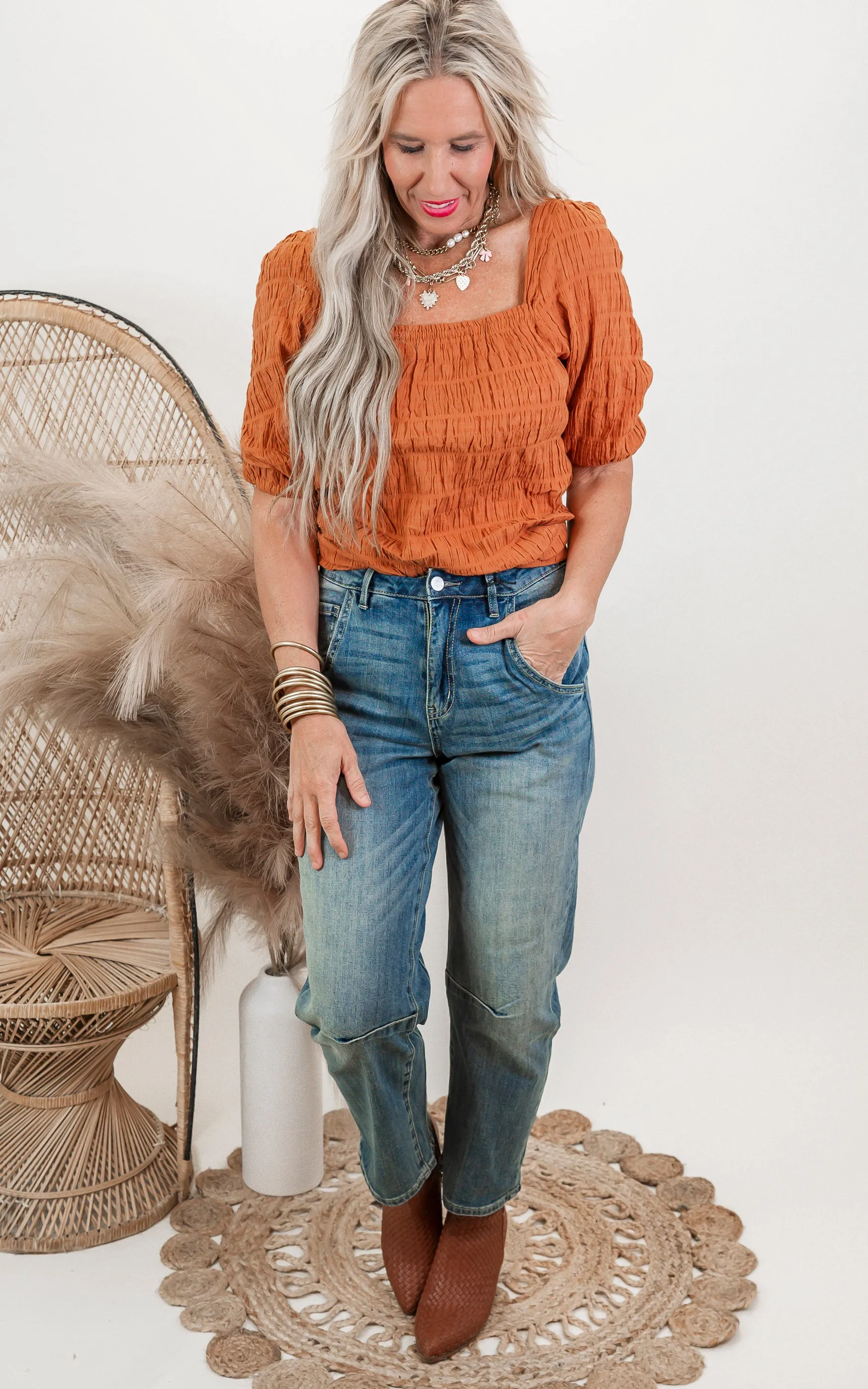 Amber Textured Balloon Sleeve Top