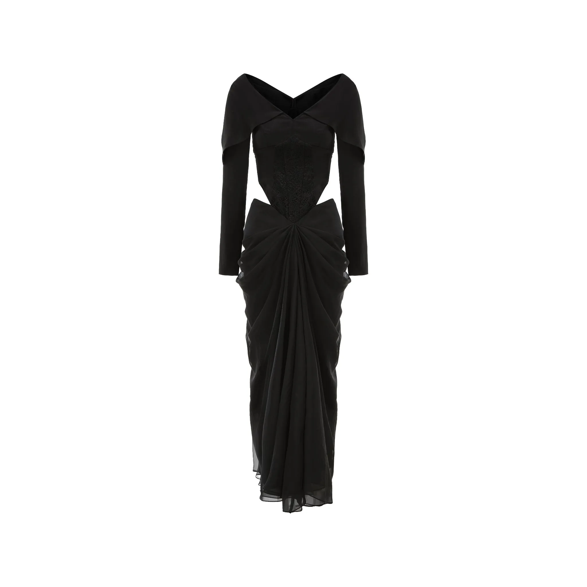 Black Lapel Waistless Pleated Hem Dress