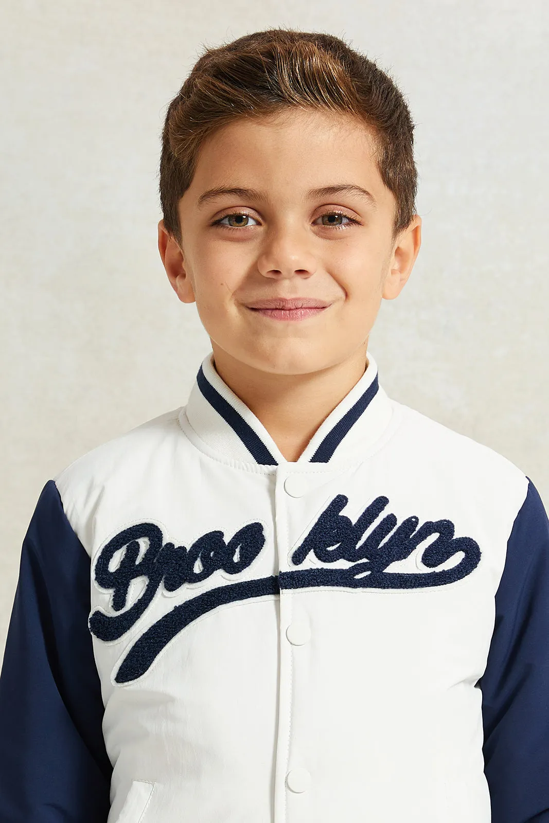 Boys White Printed Baseball Jacket