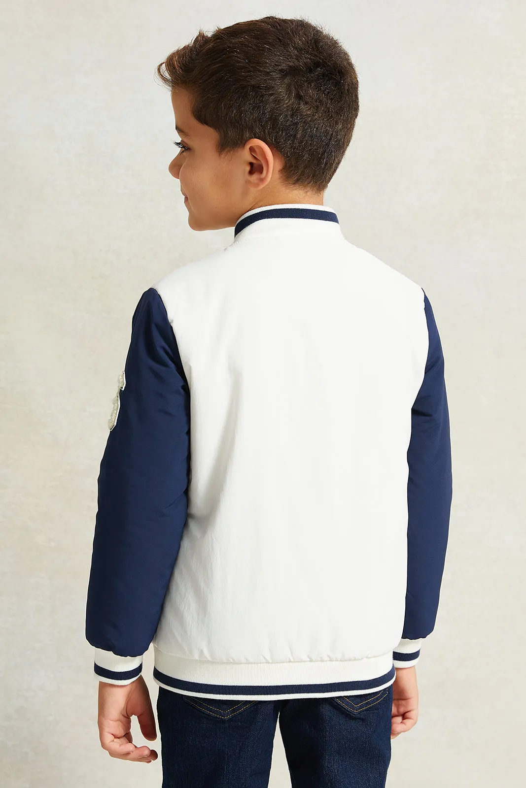 Boys White Printed Baseball Jacket
