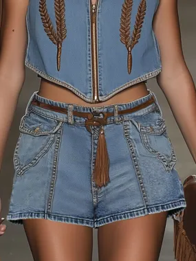 Casual Loose Vintage Lace-Up Denim Pocket Shorts