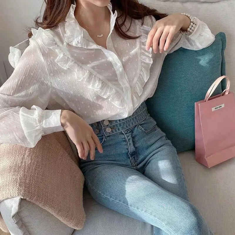 deanwangkt Women Elegant Stand Collar Ruffles Blouse Korean Fashion Simple Chiffon Blouse Polka Dot Long Sleeve Lace Shirt Top 18718