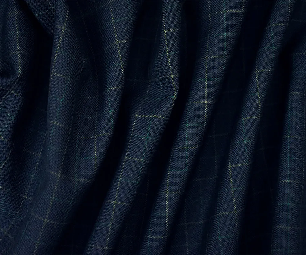 Deep Navy-Green-Gray Polyester Wool Check Woven Shirting Fabric