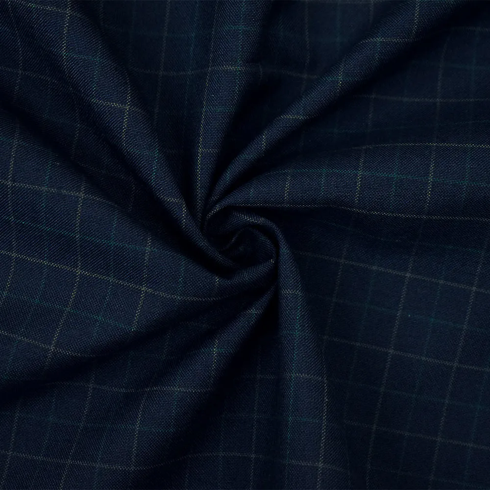 Deep Navy-Green-Gray Polyester Wool Check Woven Shirting Fabric