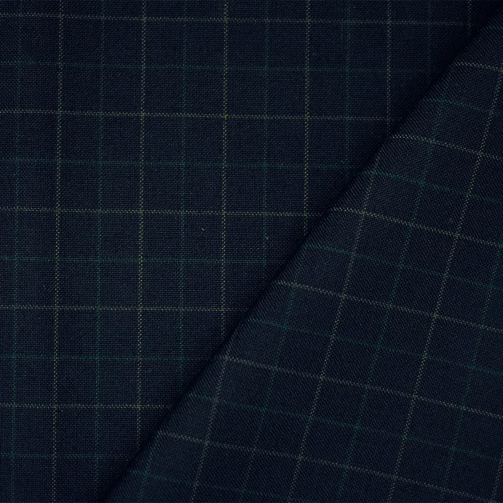 Deep Navy-Green-Gray Polyester Wool Check Woven Shirting Fabric