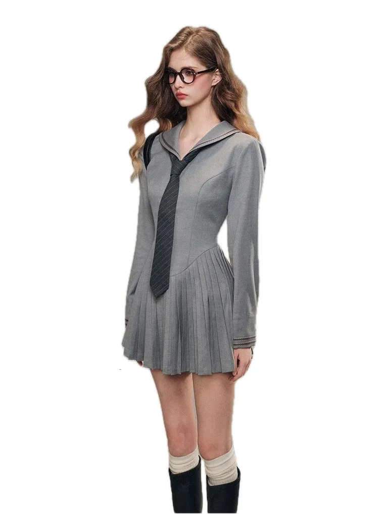 'Don't Wait Fog' Suit Pleated Dress In Gray