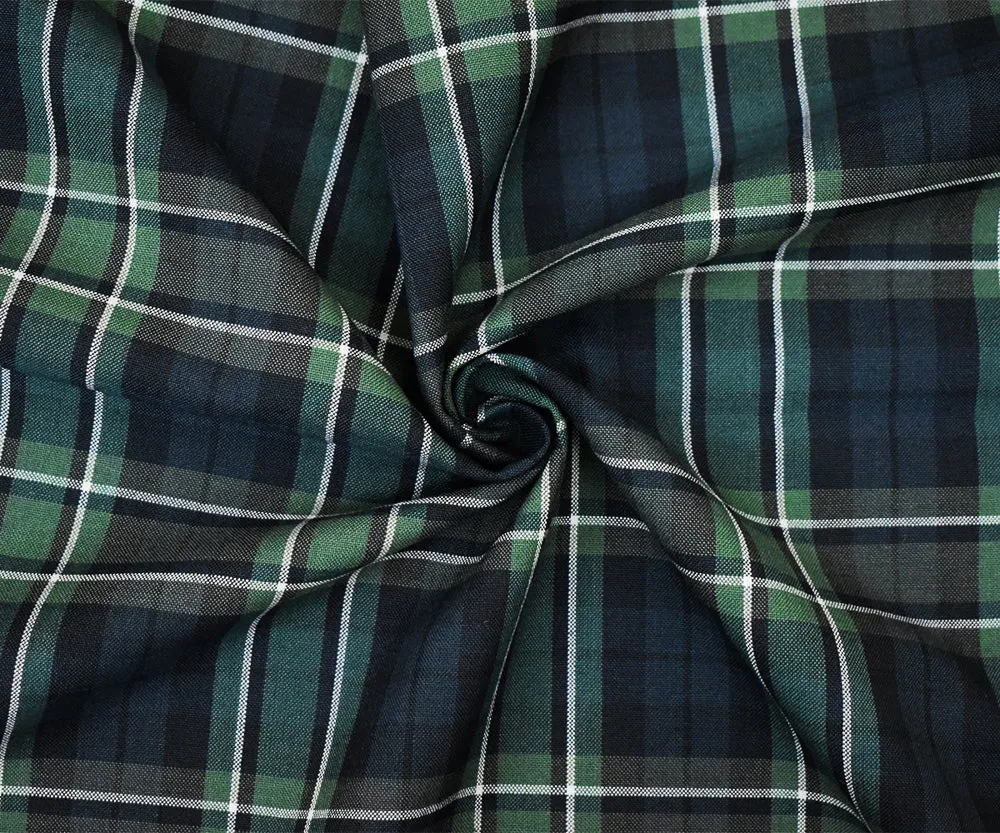 Green-White-Multi Poly Wool Plaid Shirting Woven Fabric