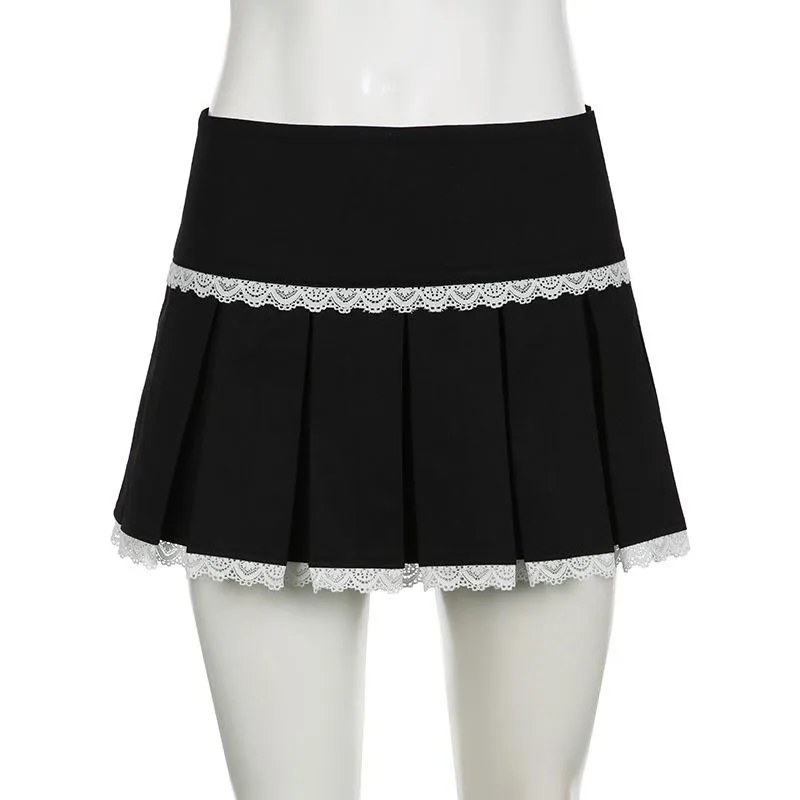 Lace hem pleated zip-up mini skirt