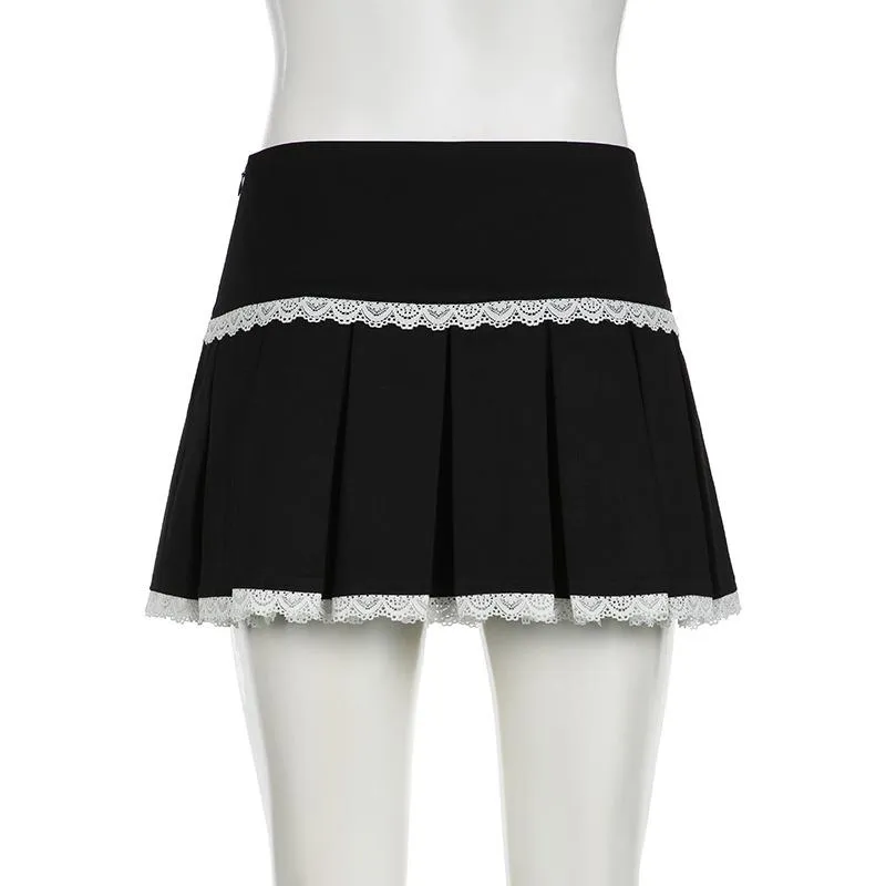 Lace hem pleated zip-up mini skirt
