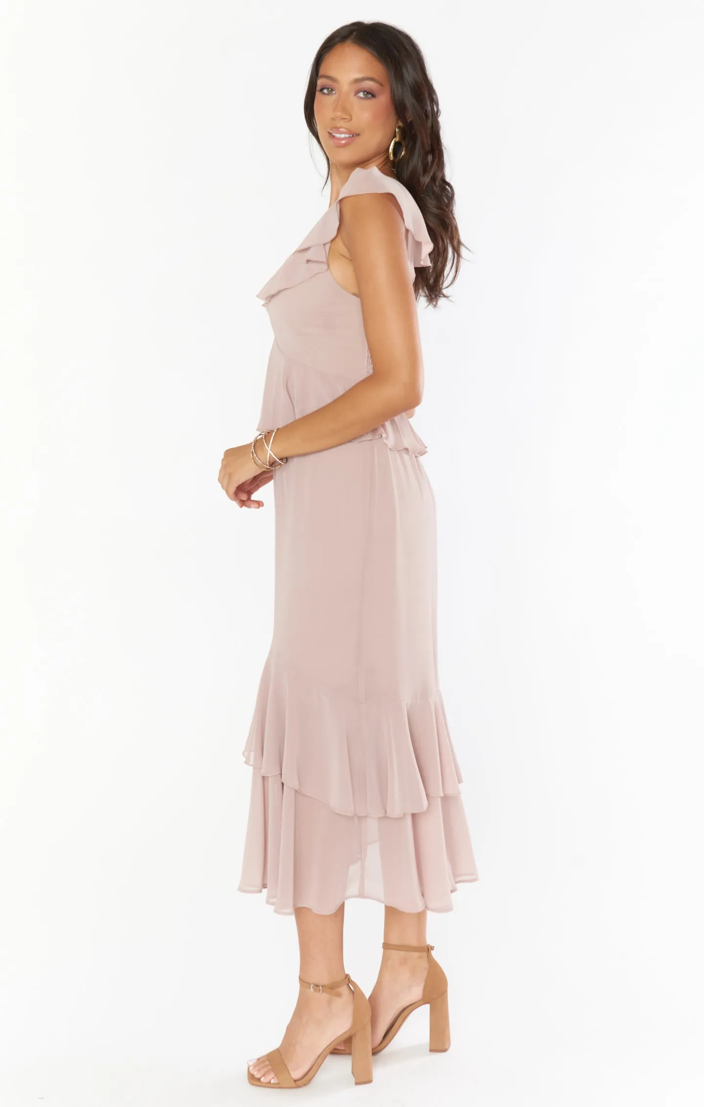 Reese Ruffle Dress ~ Soft Beige Chiffon