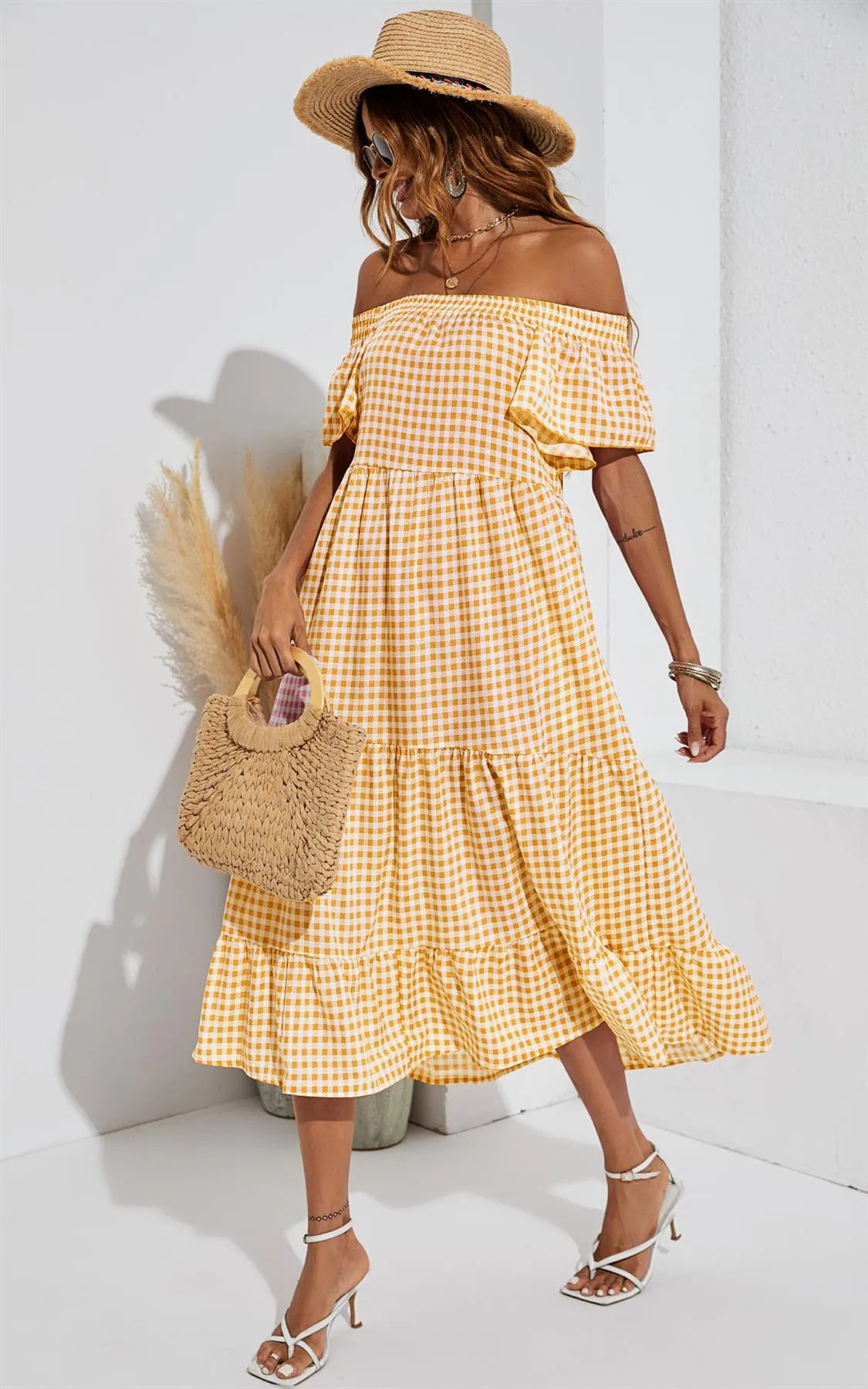 Relaxed Off Shoulder Bardot Frill Midi Dress In Yellow