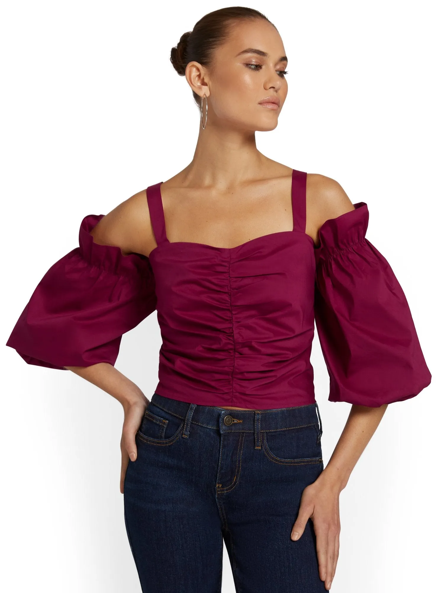 Ruched Cold-Shoulder Poplin Top