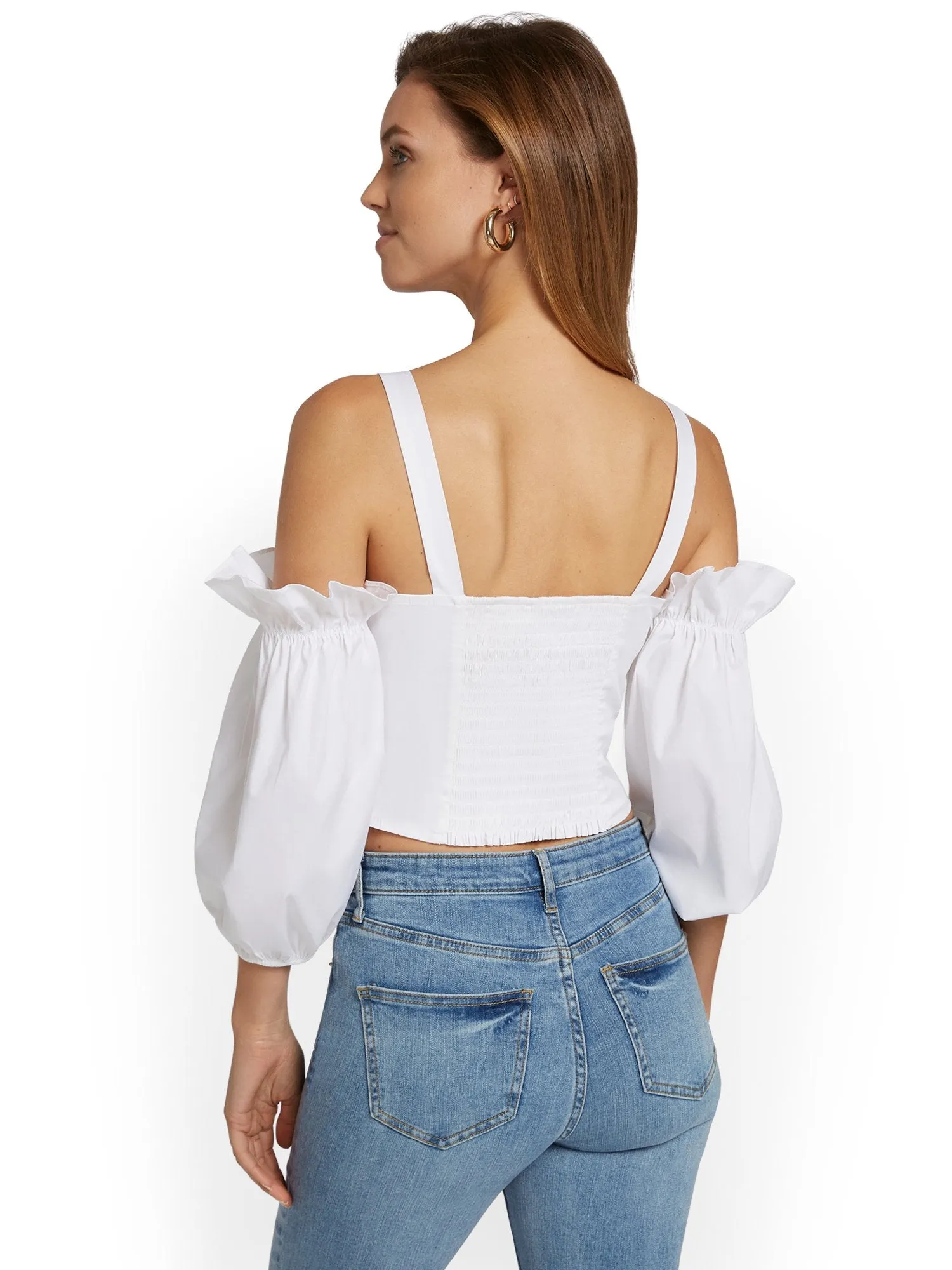 Ruched Cold-Shoulder Poplin Top